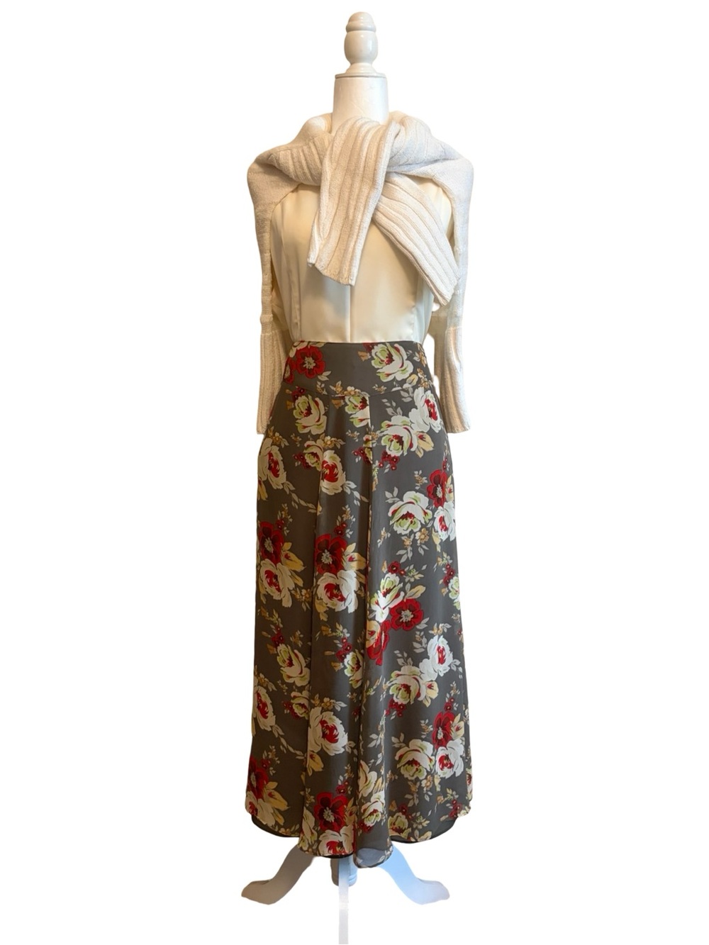 Vintage | Muted Cottage Rose Silk Maxi Skirt